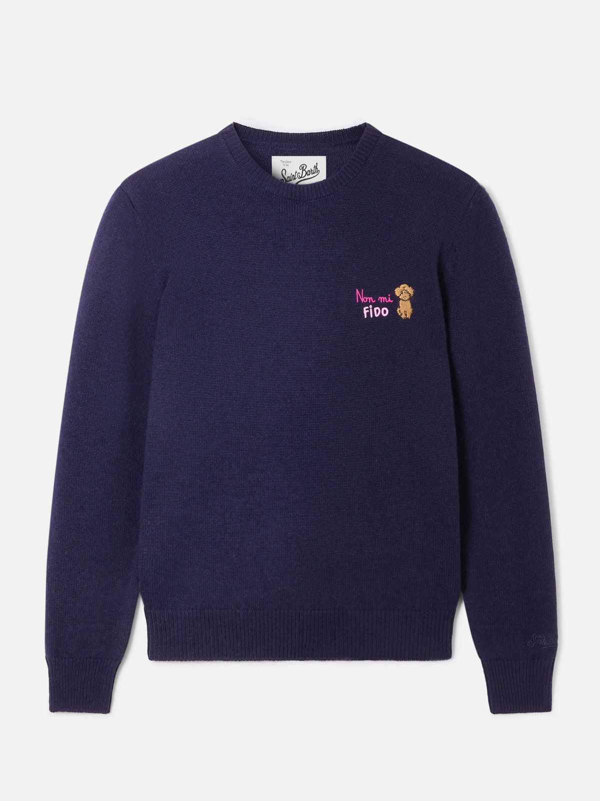 Jersey de cuello redondo en mezcla de lana y cachemira Navy blue New Queen con bordado Non Mi Fido 