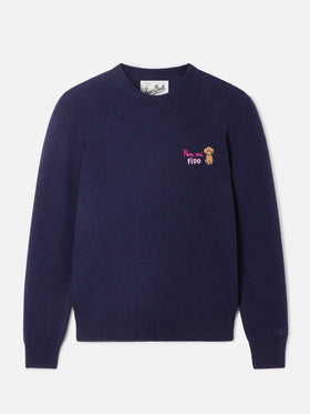 Jersey de cuello redondo en mezcla de lana y cachemira Navy blue New Queen con bordado Non Mi Fido 