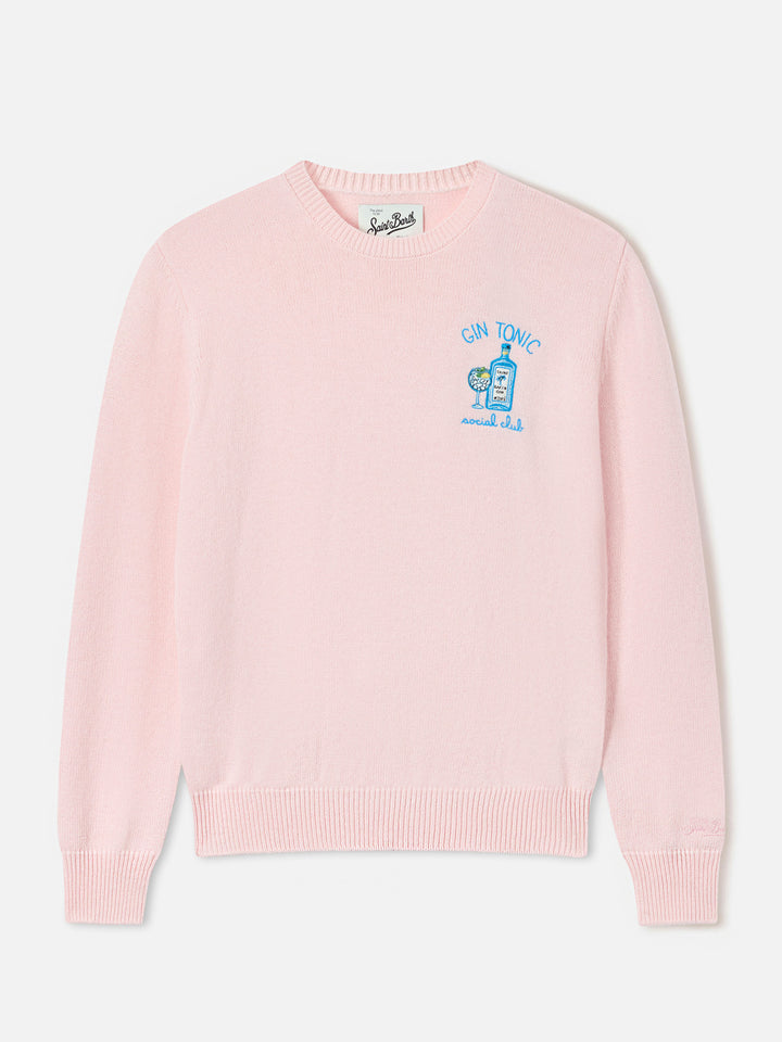 Maglia girocollo New Queen rosa in misto lana e cashmere con ricamo Gin Tonic Social Club