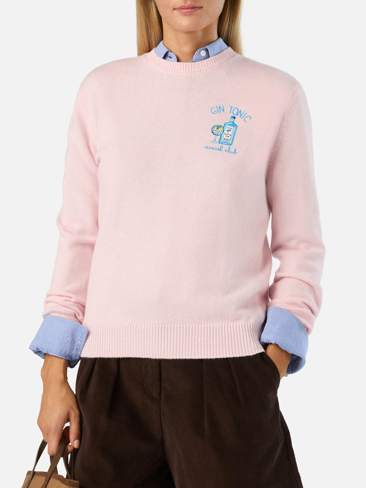 Maglia girocollo New Queen rosa in misto lana e cashmere con ricamo Gin Tonic Social Club