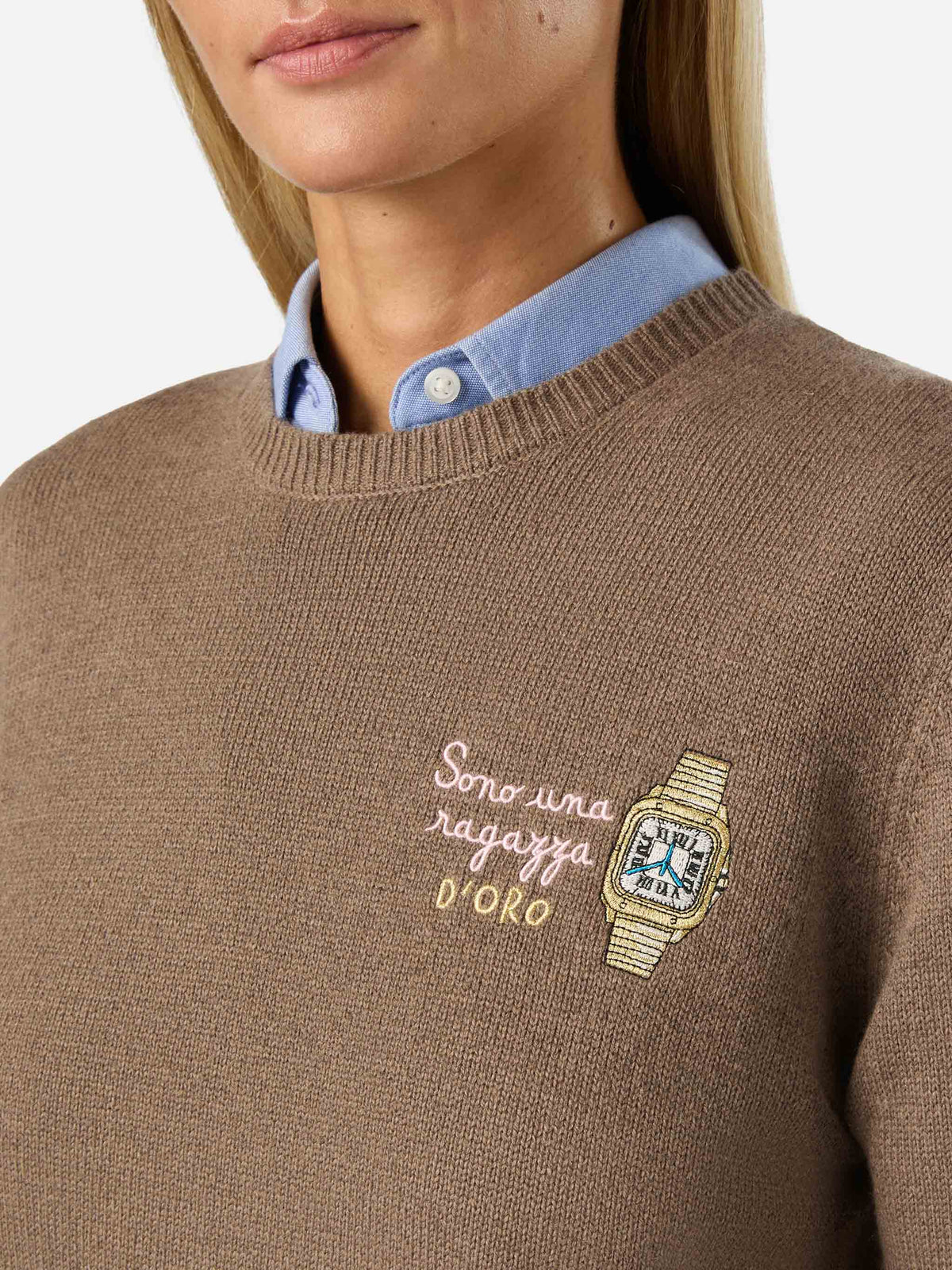 Jersey de cuello redondo en mezcla de lana y cachemir Military green New Queen con bordado Sono Una Ragazza D'Oro 