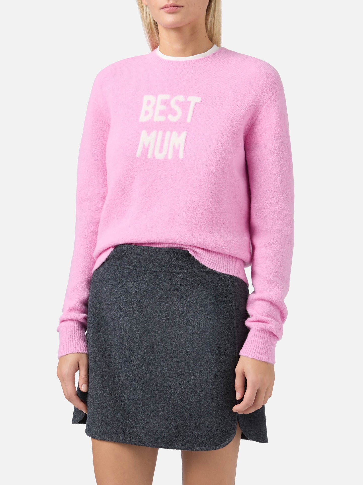 Neuer Queen Stretch-Pullover aus Merinowolle und Alpaka-Mischgewebe in Rosa mit Best Mum Jacquardmuster