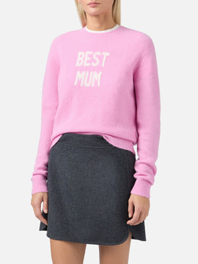 Neuer Queen Stretch-Pullover aus Merinowolle und Alpaka-Mischgewebe in Rosa mit Best Mum Jacquardmuster