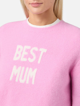 Neuer Queen Stretch-Pullover aus Merinowolle und Alpaka-Mischgewebe in Rosa mit Best Mum Jacquardmuster