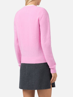 Neuer Queen Stretch-Pullover aus Merinowolle und Alpaka-Mischgewebe in Rosa mit Best Mum Jacquardmuster