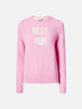 Neuer Queen Stretch-Pullover aus Merinowolle und Alpaka-Mischgewebe in Rosa mit Best Mum Jacquardmuster