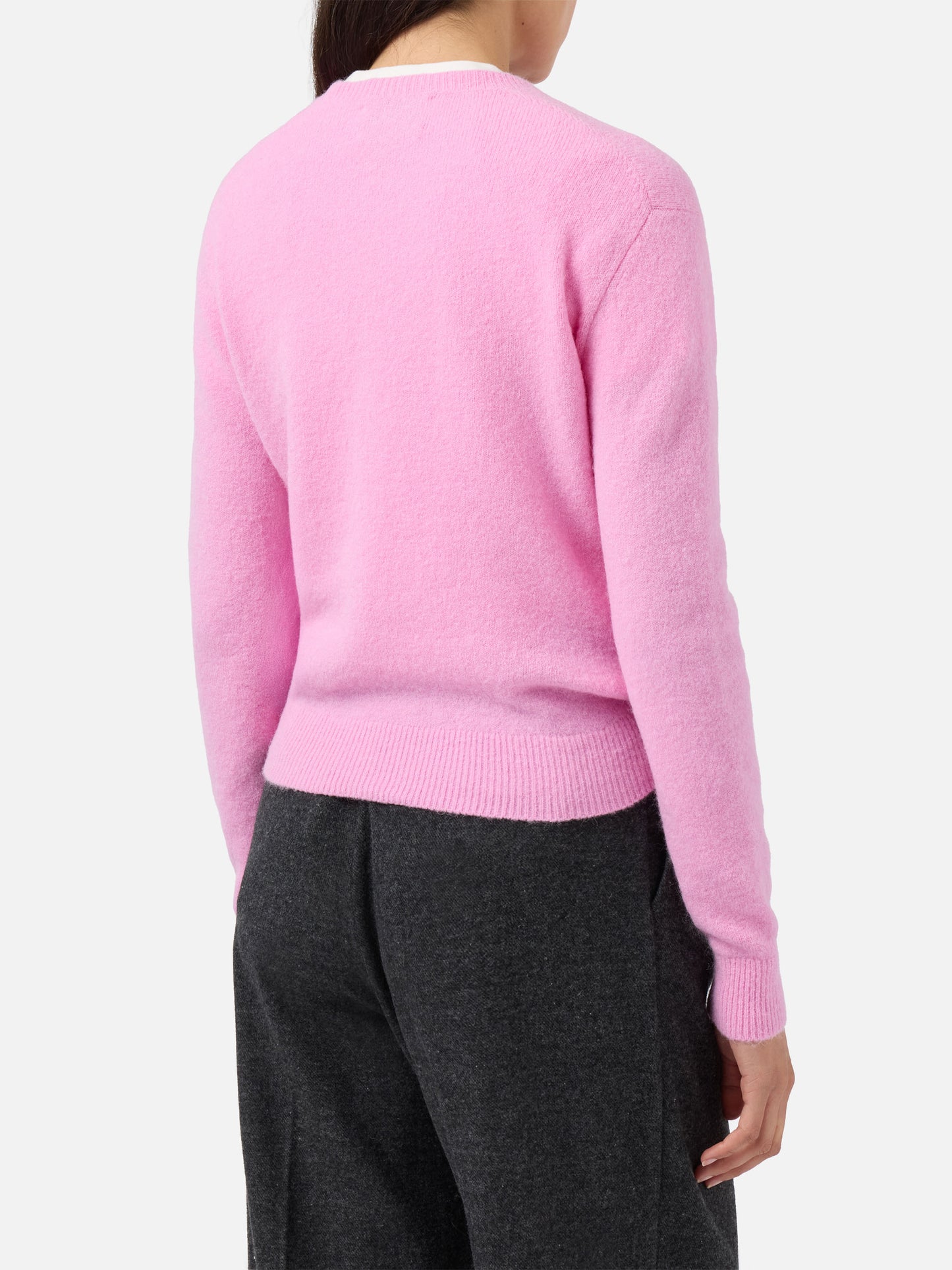 Jersey elástico New Queen en mezcla de lana merino y alpaca en rosa con bordado Non smetto di sp(l)endere 