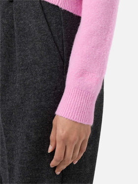 Jersey elástico New Queen en mezcla de lana merino y alpaca en rosa con bordado Non smetto di sp(l)endere 