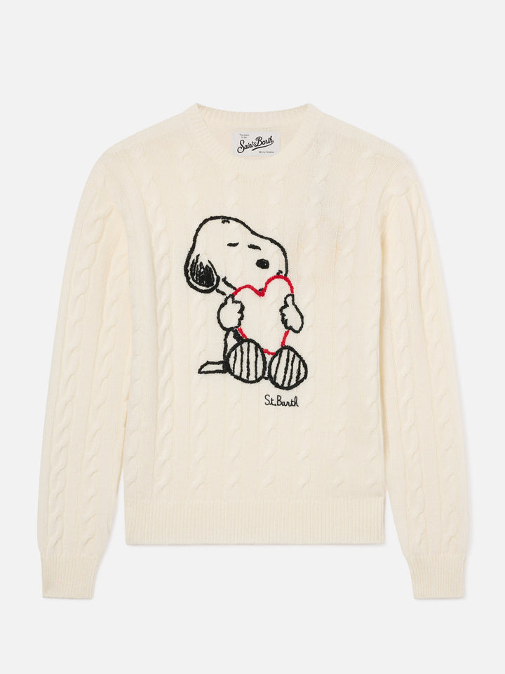 Maille torsadée en mélange de laine et cachemire Off white New Queen avec broderie Snoopy | Special edition 