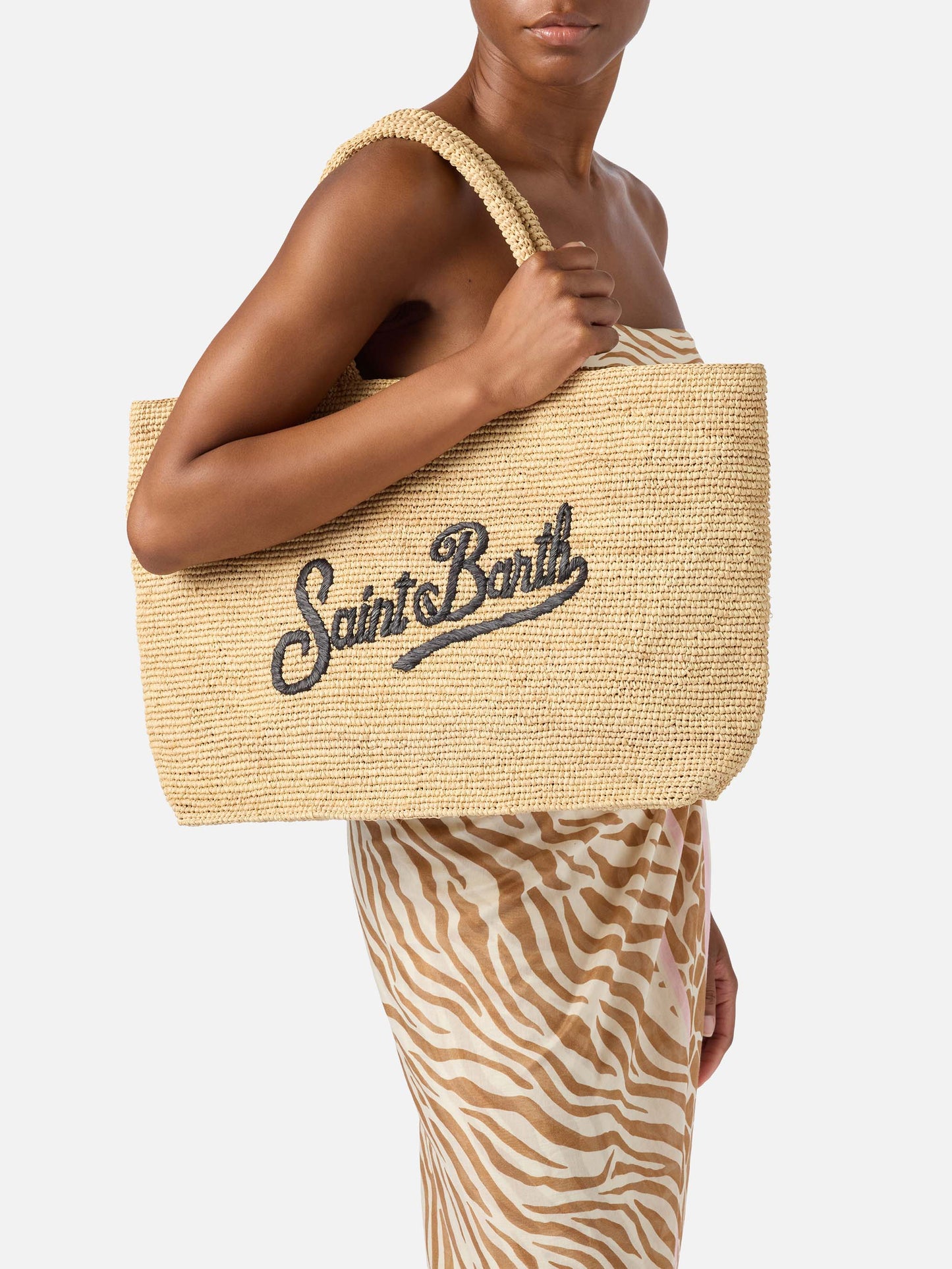 Beach raffia bag with black contrasting embroidered logo