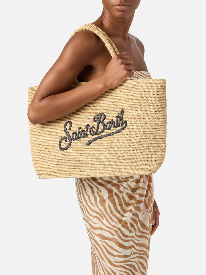 Beach raffia bag with black contrasting embroidered logo
