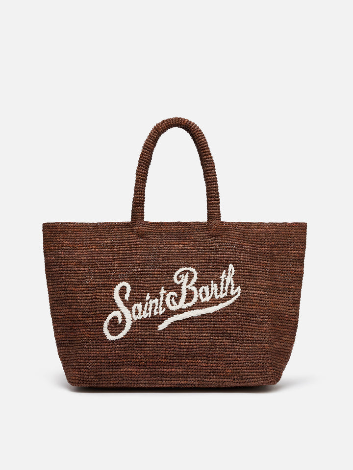Braune Beach-Raffiatasche mit kontrastierendem gesticktem Logo 