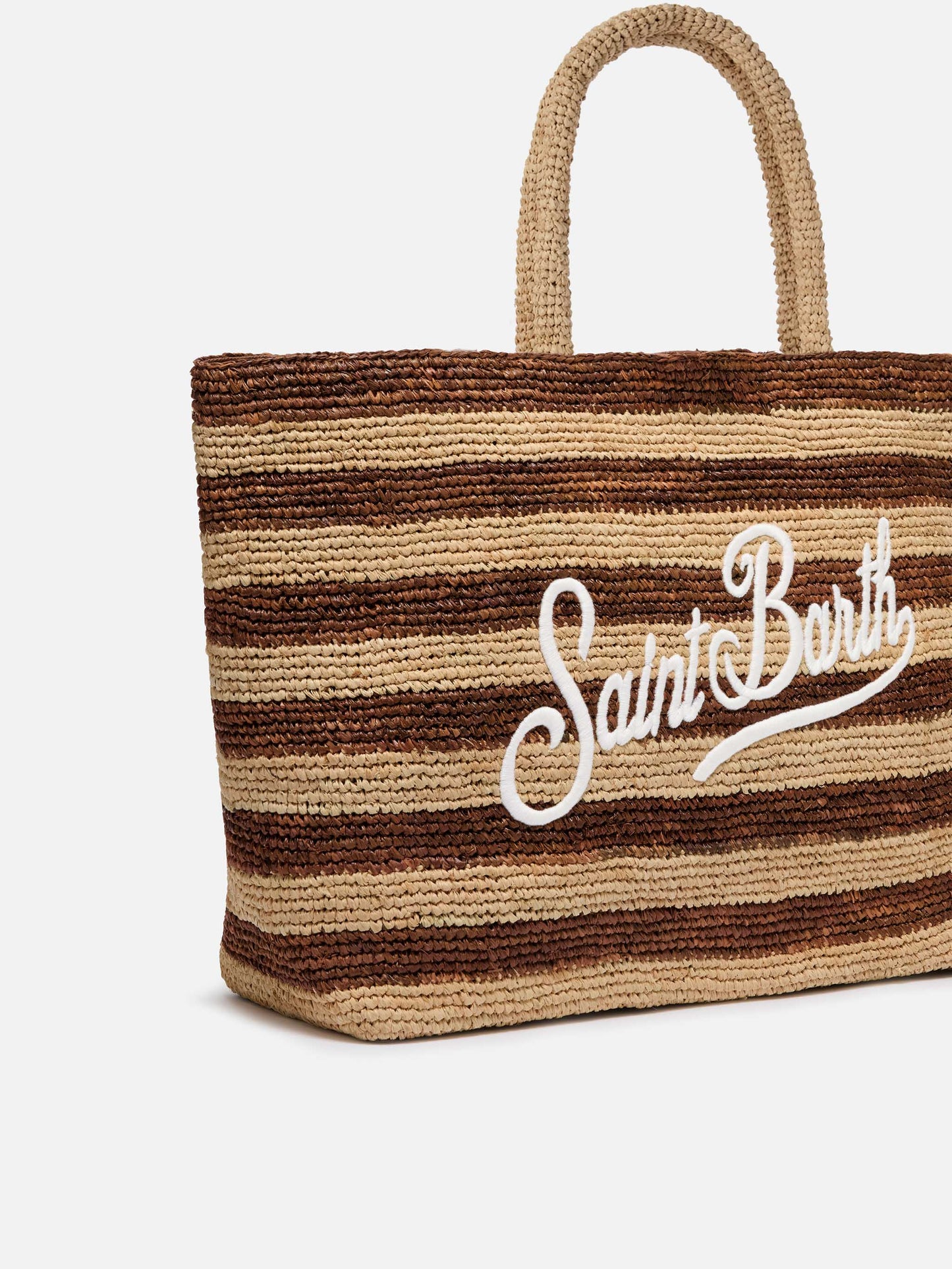 Beach raffia bag with brown stripes and embroidered logo