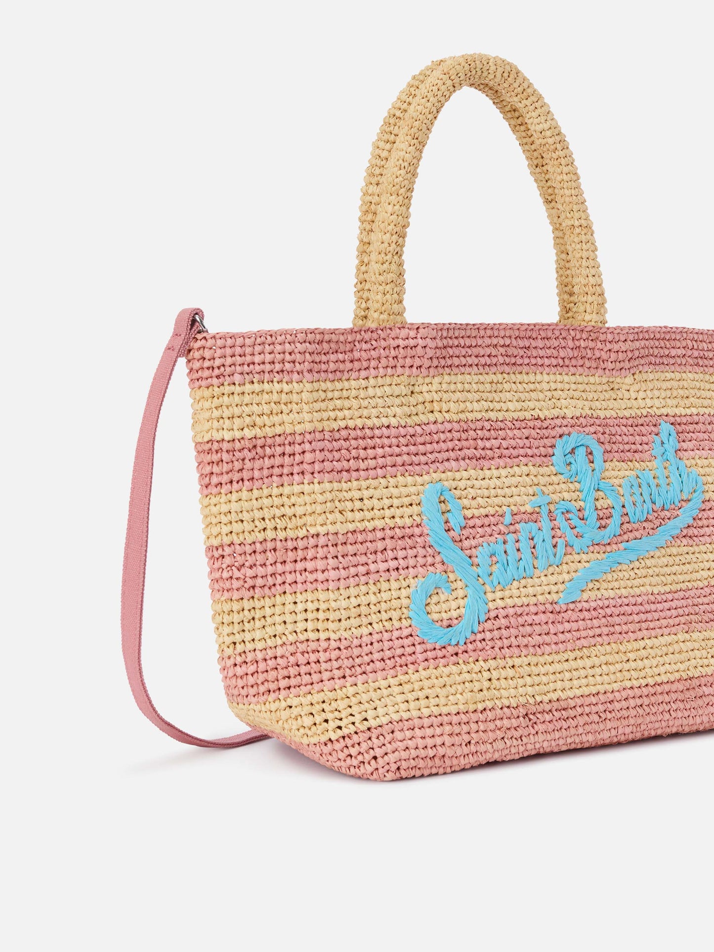 Medium Beach raffia bag with pink stripes and embroidered logo