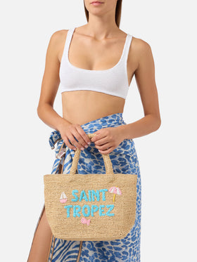 Mittelgroße Strandtasche aus Raffiabast mit Saint Tropez-Stickerei 