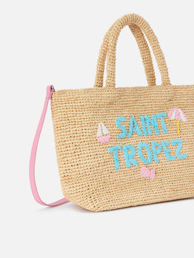 Mittelgroße Strandtasche aus Raffiabast mit Saint Tropez-Stickerei 