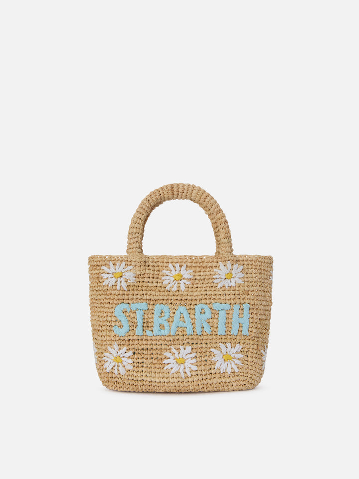 Mini bolso de playa de rafia con margaritas bordadas 