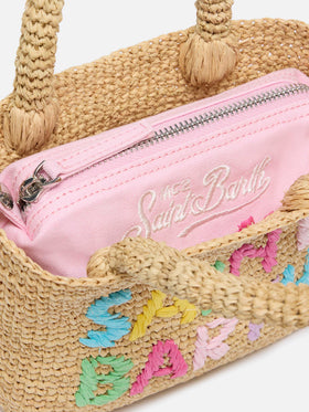 Borsa Beach mini in raffia con logo ricamato multicolor