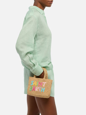 Borsa Beach mini in raffia con logo ricamato multicolor