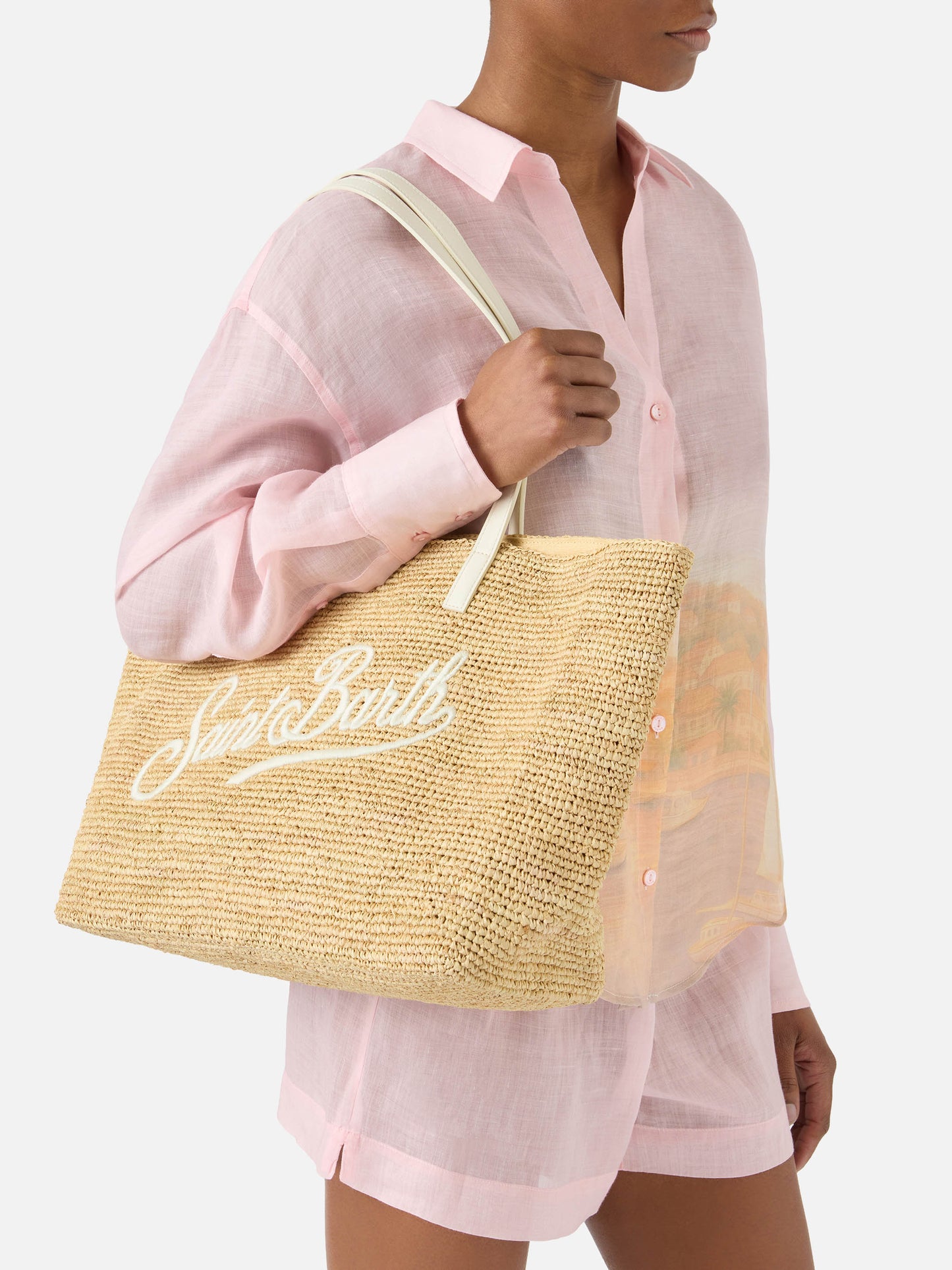 City raffia bag with contrasting ivory embroidered logo