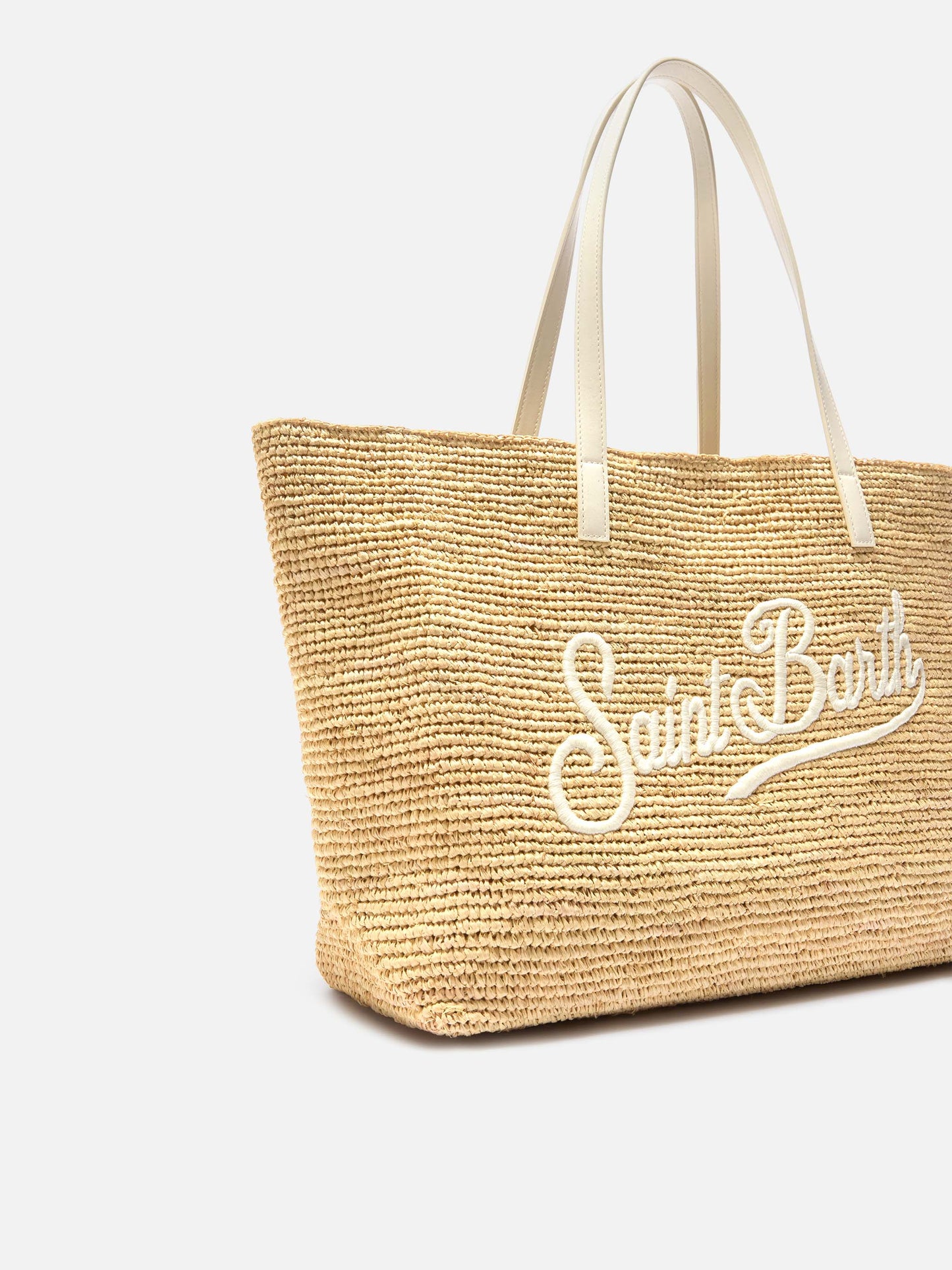 City raffia bag with contrasting ivory embroidered logo