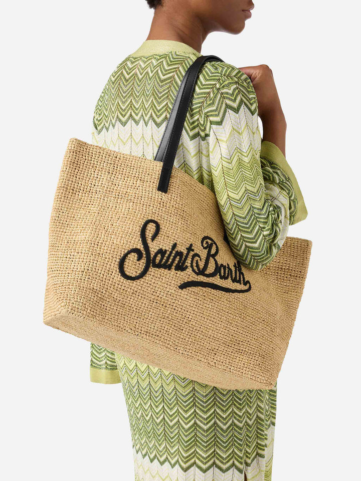 City raffia bag with contrasting black embroidered logo