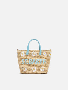 Beige Raffia City Mini-Tasche mit Gänseblümchen-Stickerei