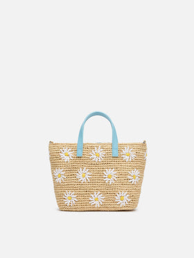 Beige Raffia City Mini-Tasche mit Gänseblümchen-Stickerei