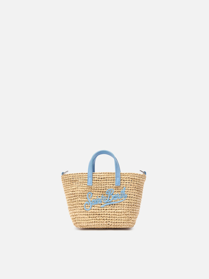 Bolso Micro City de rafia con logo bordado en azul claro en contraste 