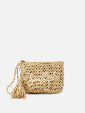Pochette de rafia natural con logo bordado 