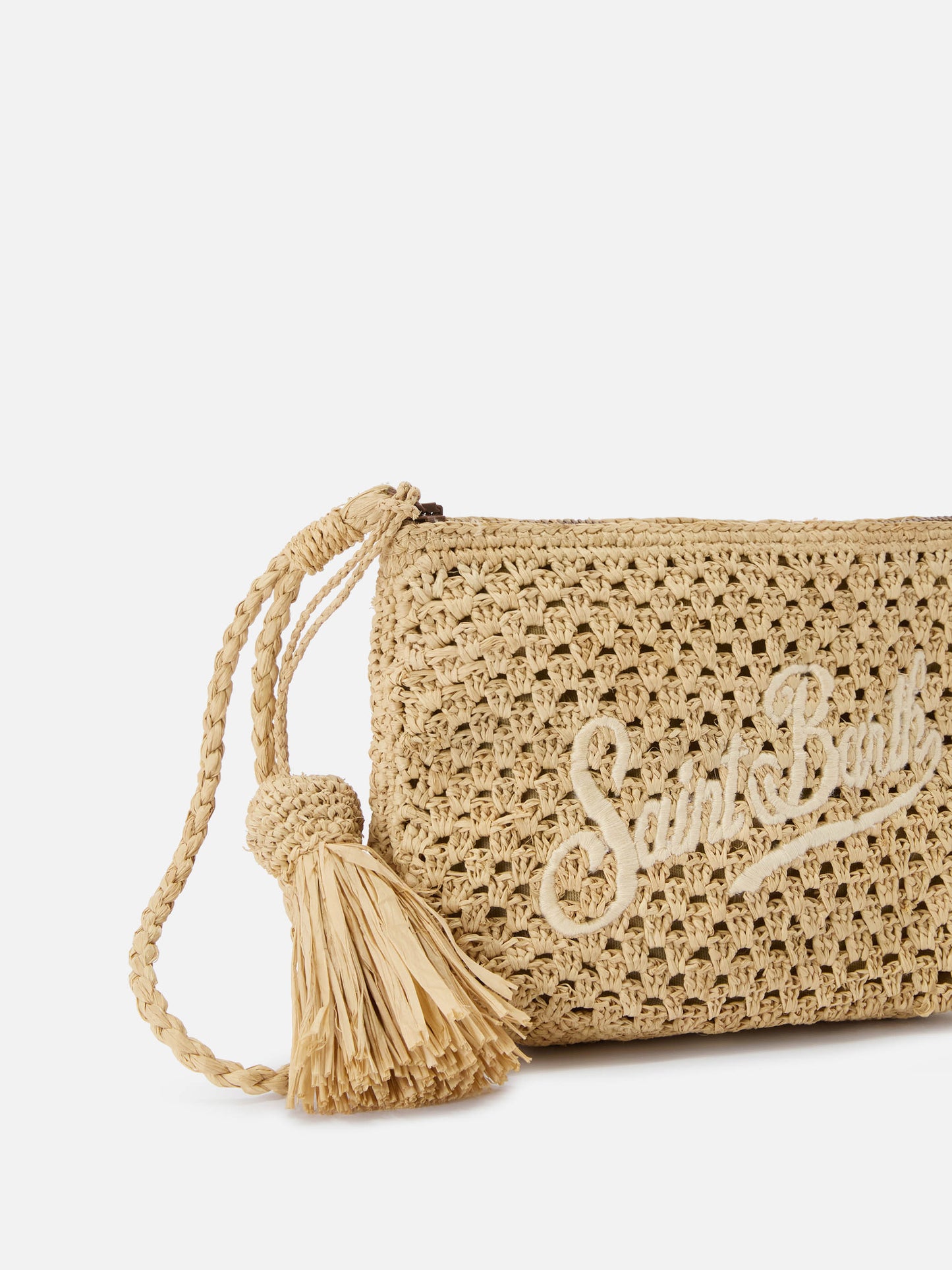 Pochette de rafia natural con logo bordado 