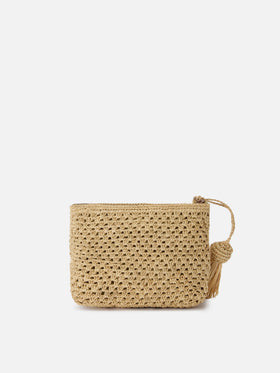 Pochette de rafia natural con logo bordado 