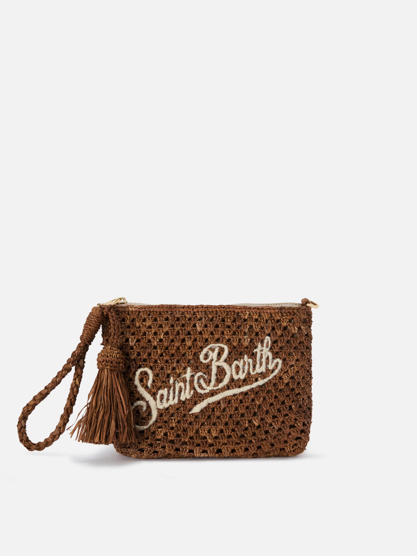 Pochette de rafia marrón con logo bordado 
