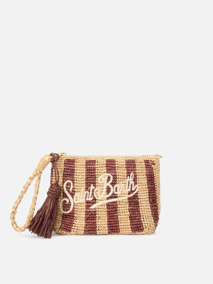 Pochette de rafia a rayas con logotipo bordado 