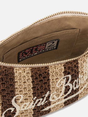 Striped raffia pouch with embroidered logo