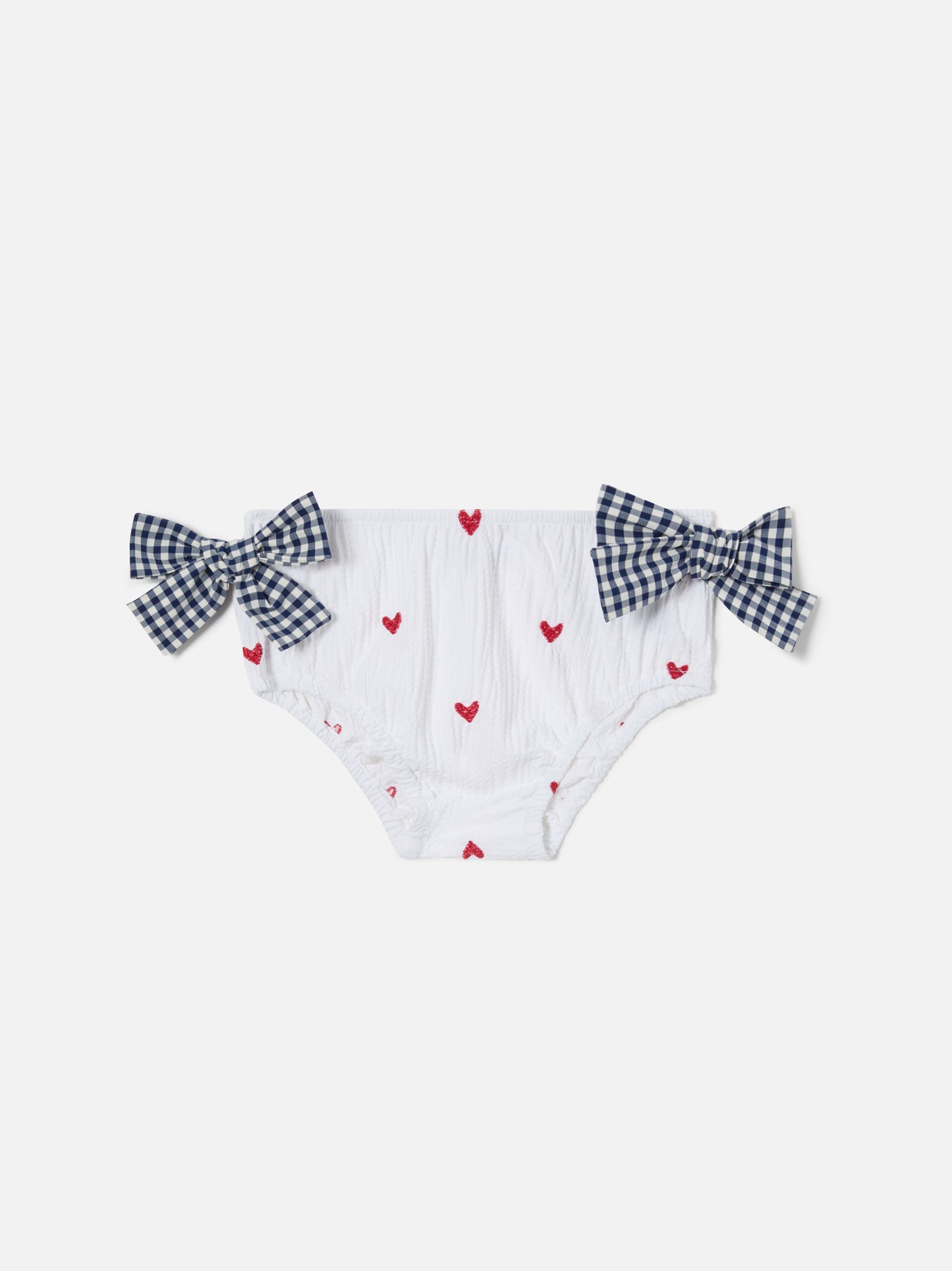 Rainbow swim bloomer in seersucker with hearts and vichy bows