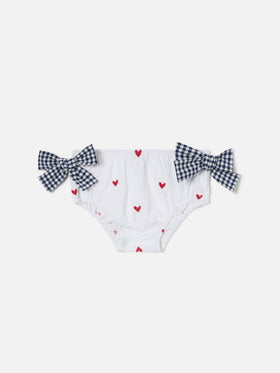 Rainbow swim bloomer in seersucker with hearts and vichy bows