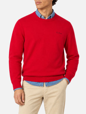 Red Regent crewneck sweater with tartan trim