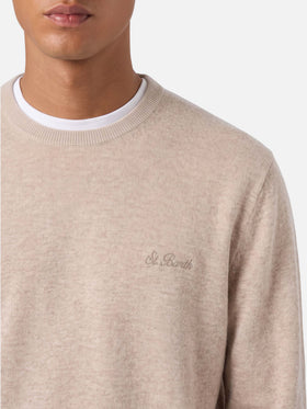 Beige Regent crewneck sweater with tartan trim