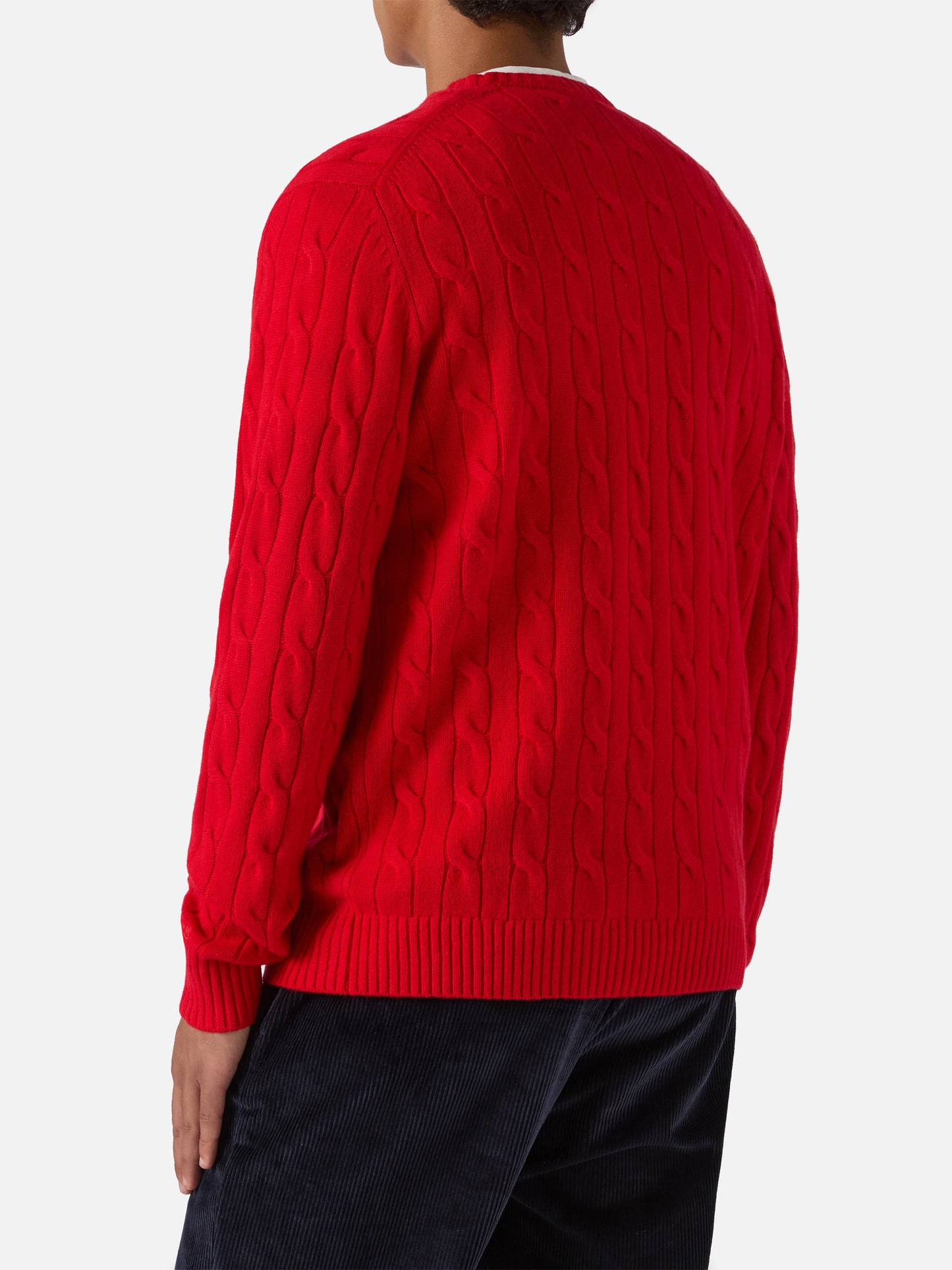 Rundhals-Zopfstrickpullover Regent aus 100 % roter Wolle