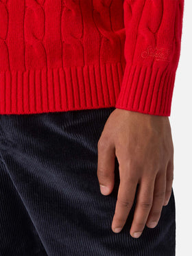 Rundhals-Zopfstrickpullover Regent aus 100 % roter Wolle
