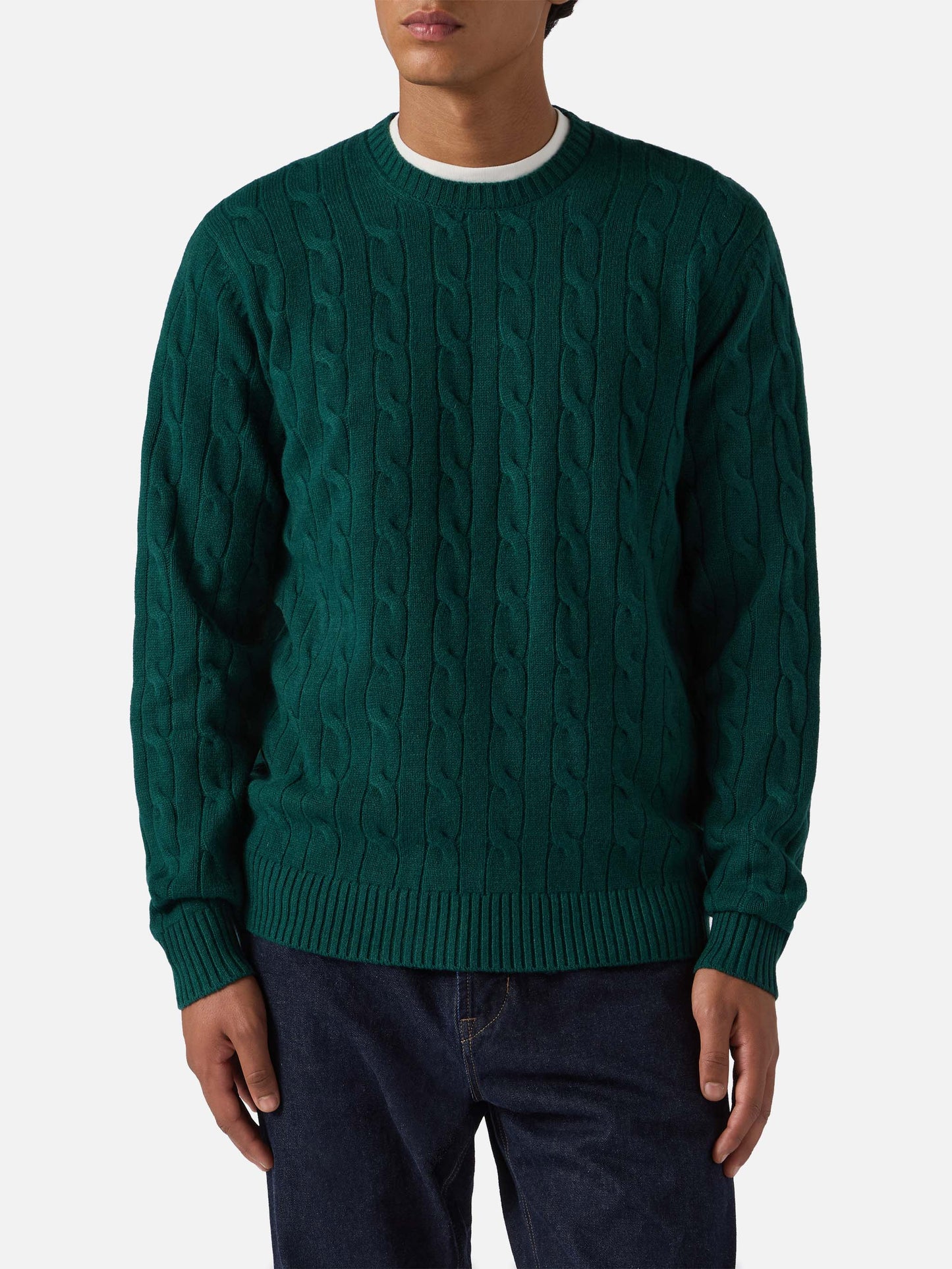 Rundhals-Zopfstrickpullover Regent in Britischgrün, 100 % Wolle