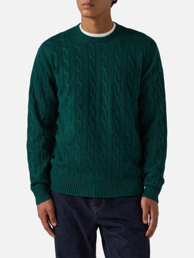 Rundhals-Zopfstrickpullover Regent in Britischgrün, 100 % Wolle
