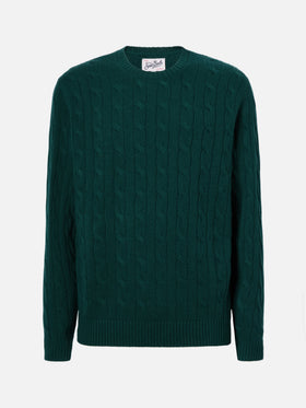 Rundhals-Zopfstrickpullover Regent in Britischgrün, 100 % Wolle