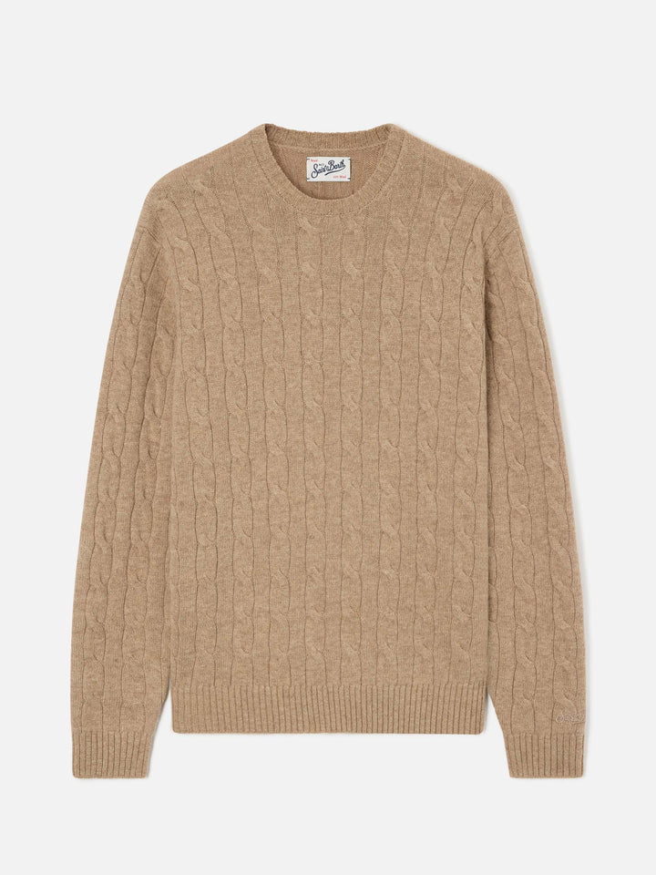 Khaki Regent wool crewneck with cable knit