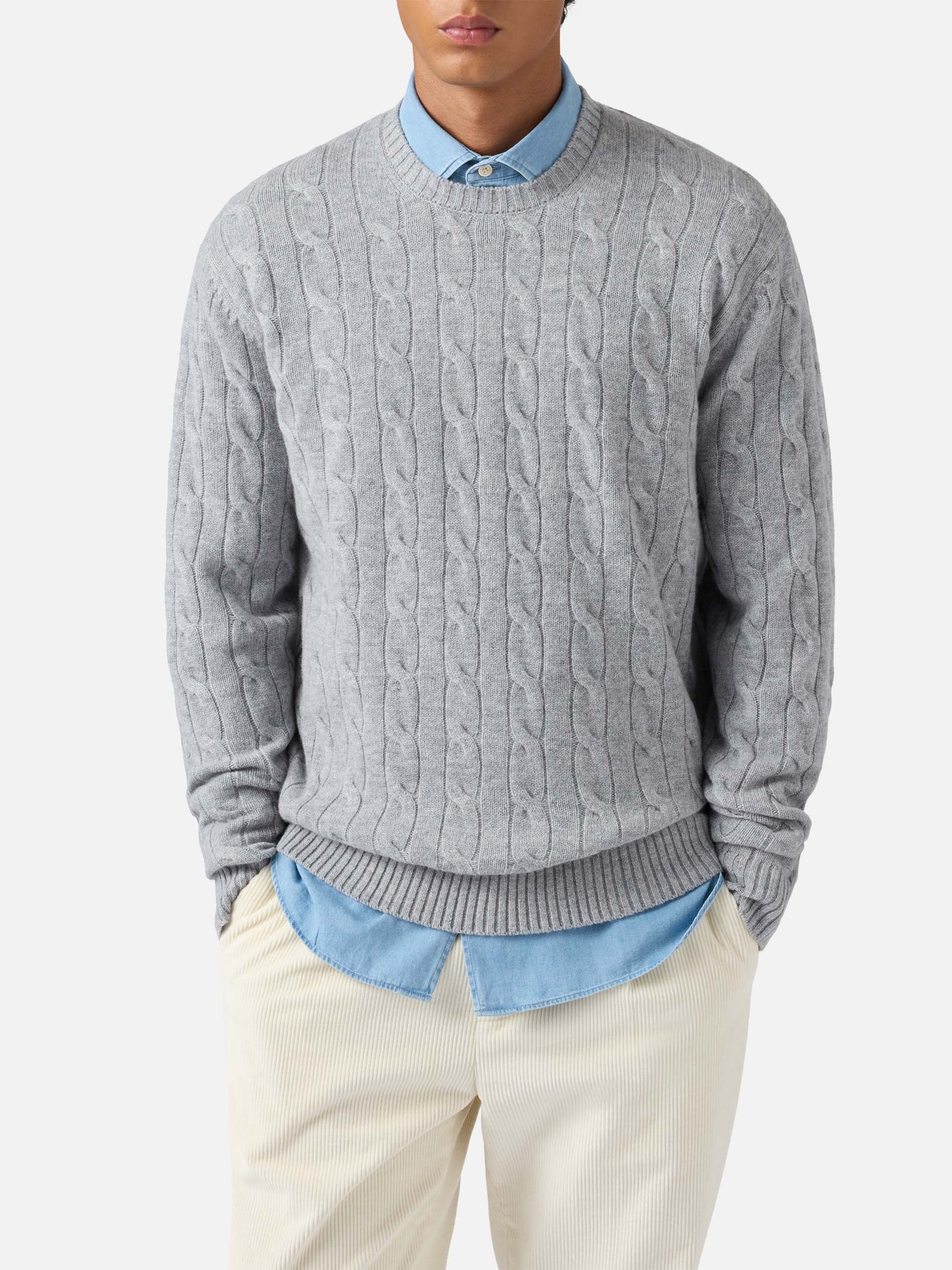 Rundhals-Zopfstrickpullover Regent in Graumeliert, 100 % Wolle