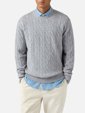 Rundhals-Zopfstrickpullover Regent in Graumeliert, 100 % Wolle