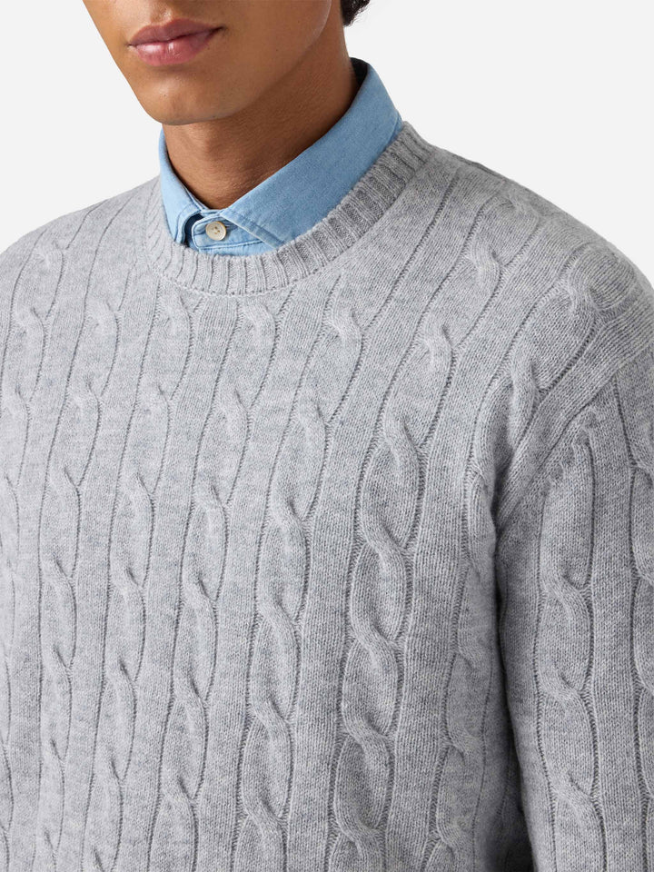 Rundhals-Zopfstrickpullover Regent in Graumeliert, 100 % Wolle