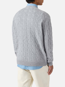 Rundhals-Zopfstrickpullover Regent in Graumeliert, 100 % Wolle