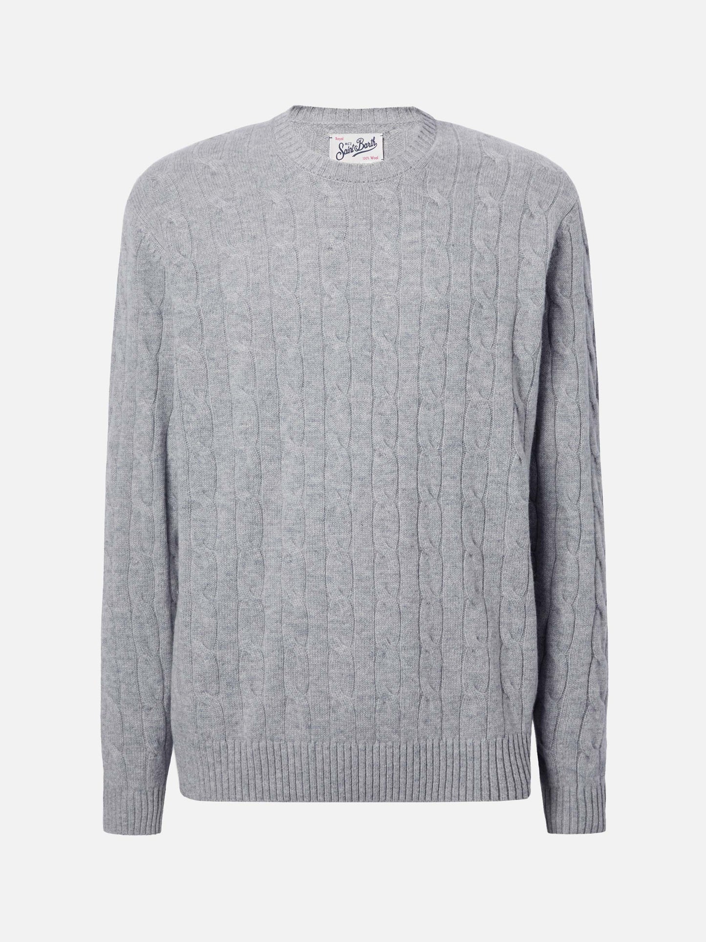 Rundhals-Zopfstrickpullover Regent in Graumeliert, 100 % Wolle